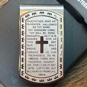 NWT Stainless Steel Religious Money Clip Lord’s Prayer Cross